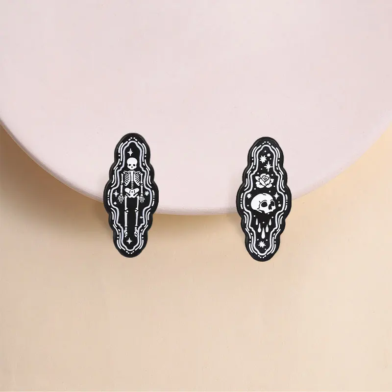 Rose Skull And Full Skeleton Enamel Pin, Traditional Tattoo Style Brooch with Graveyard Border for Goth Outfit And Rock Style