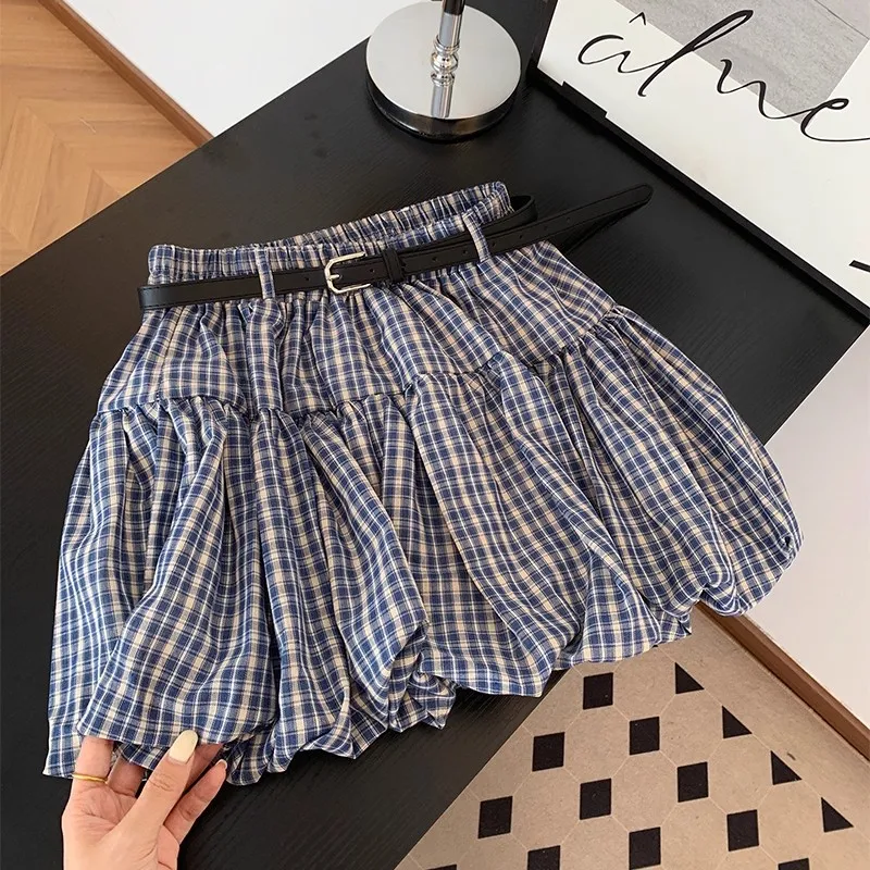 2026 New Spring Autumn Women's Blue Plaid Bubble Skirt, High Waist A-Line Tiered Mini Skirt for Petite No Belt Included