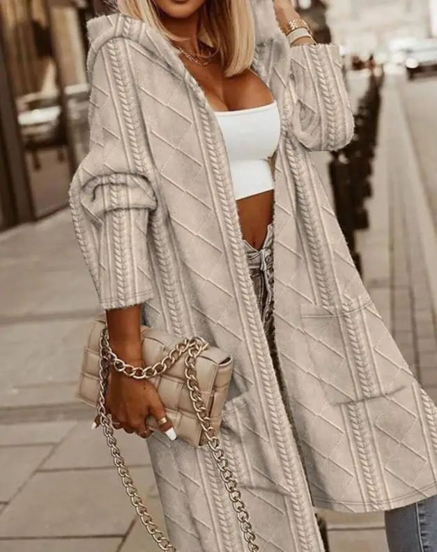 

Women Urban Elegant Jacket 2024 Spring Summer Latest Casual Cable Textured Hooded Open Front Longline Coat Long Sleeve Cardigan