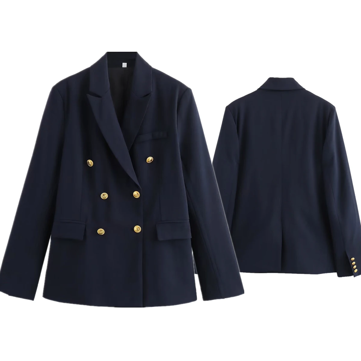 

Withered Minimalist Fashion Women's Suit With Blazers Women Gold Buttons, Retro Double Breasted Casual Navy Blue Jacket