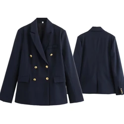 Withered Minimalist Fashion Women's Suit With Blazers Women Gold Buttons, Retro Double Breasted Casual Navy Blue Jacket