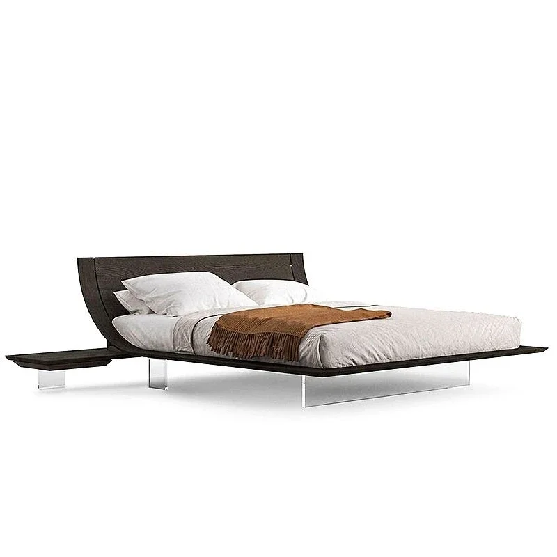 Modern simple solid wood bed with sensor light strip Italian curved high-end villa large flat double bed