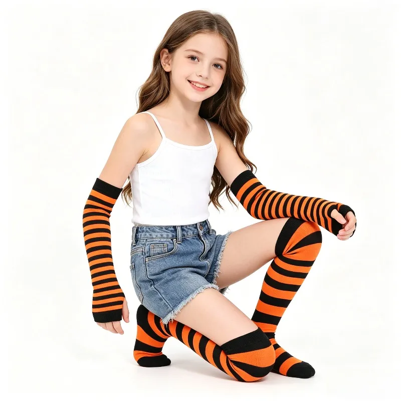 Fashion Knitted Striped Long Arm Warmers Gloves Thigh High Stockings Dance Performance Soft Elastic Costume Accessories Set