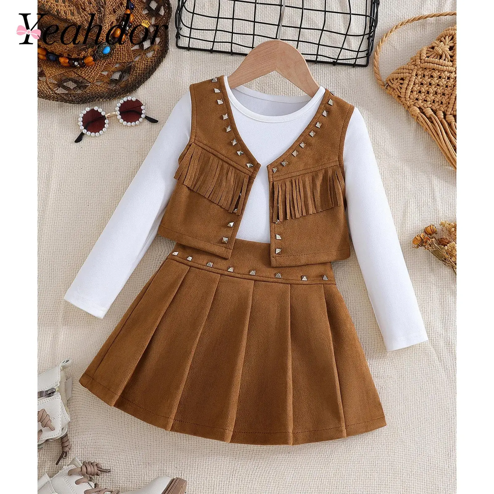 Kids Cowgirls Outfits Girls Hippie Costume 3-piece Suede Outfit Long-sleeve T-shirt with Rivet Fringe Vest Pleated Skirt Suits