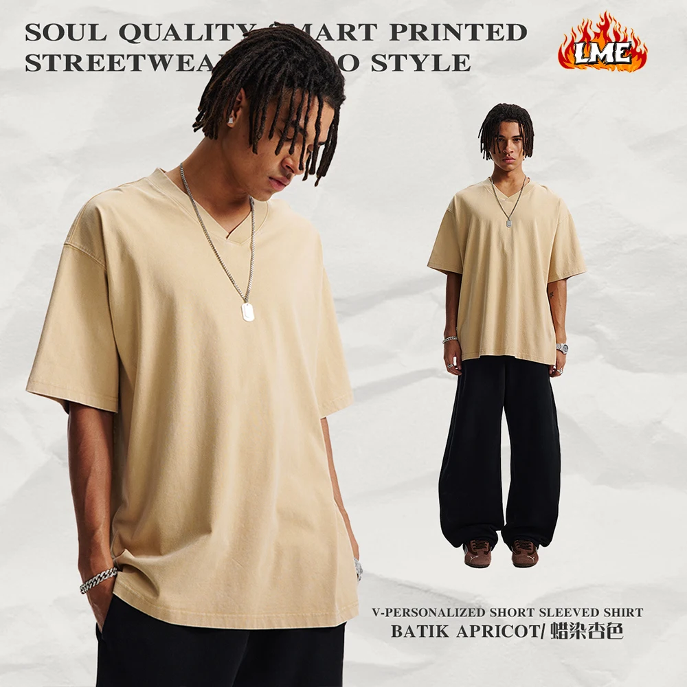 LME Custom Logo Vintage Batik Acid Washed V Neck Oversized Drop Shoulder Loose Retro Men Cotton T Shirt