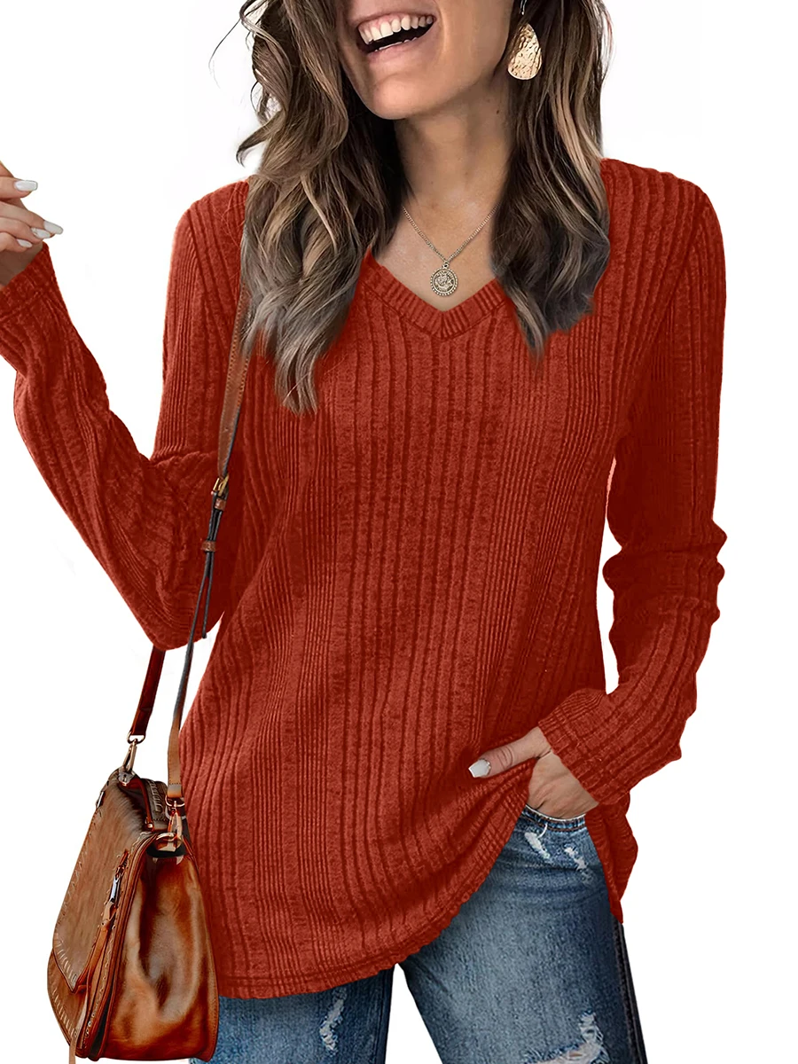 Damen V-Ausschnitt Langarm T-Shirts Gerippte Strick-Tunika-Oberteile Lässige Lose Einfarbige Pullover-Bluse Herbst Winter Basic Tee Damen 2026 – Detail 3
