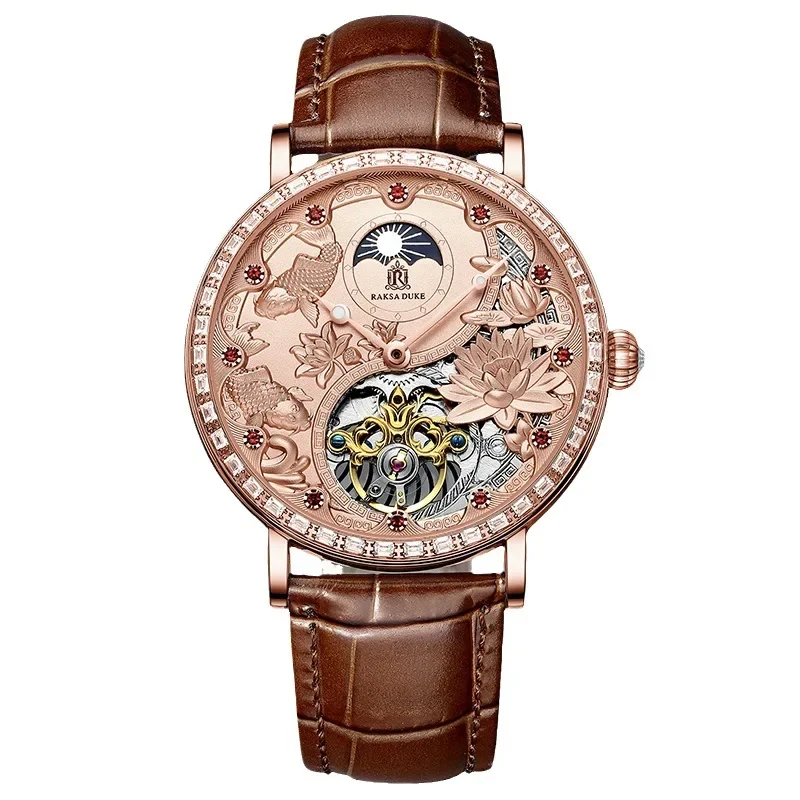 Men\'s Leather Tourbillon Automatic Mechanical Watch Moon Phase Function Luminous Waterproof Automatic Movement Man Watch