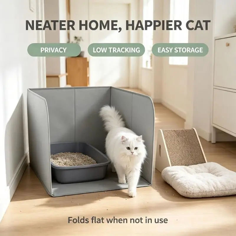 Feline Litter Enclosure with Sidewalls and Rear Barrier, Open Entry and Fabric Structure to Help Contain Loose Granules and B03E