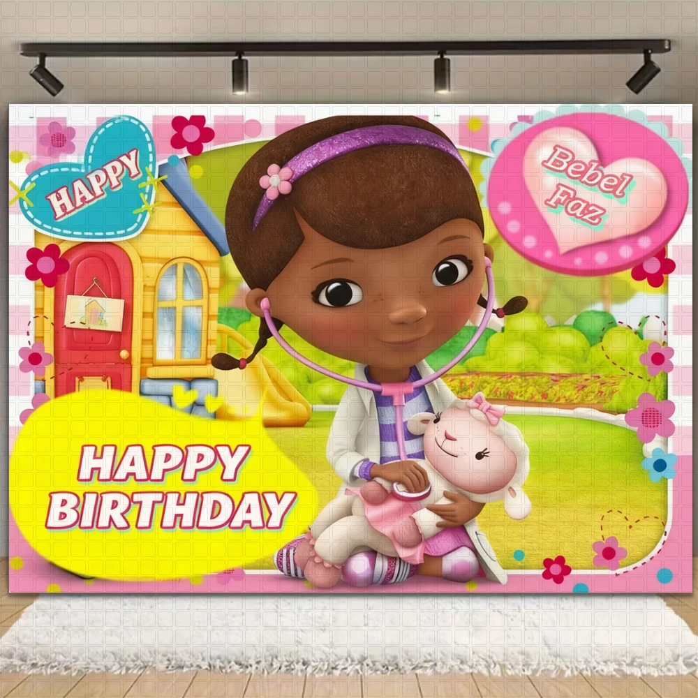 لعبة Doc McStuffins لتزيين حفلات أعياد الميلاد للطبيب، خلفية لطيفة على شكل فتاة كرتونية للأطفال، خلفية دعامة للصور، مستلزمات استحمام الطفل #6
