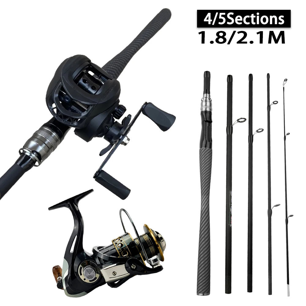 1.8/2.1m Casting Fishing Combo 2.1m 4/5 Section UltraLight Carbon Fiber Rod 5.2:1/7.2:1 Gear Ratio Fishing Reel Fishing Kit