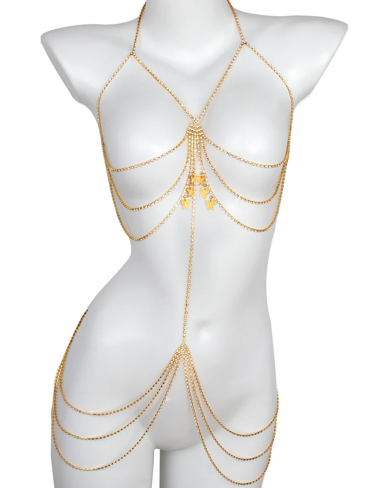Fashionable Butterfly Drop Pendant Luxury Multi layer Rhinestone Chest Chain Nightclub Women's Body Chain Jewelry