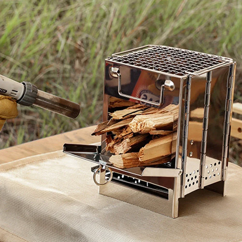 Portable Mini Firewood Stove Camping Picnic BBQ Travel Folding Stainless Steel Wood Stove Charcoal Cooking Outdoor