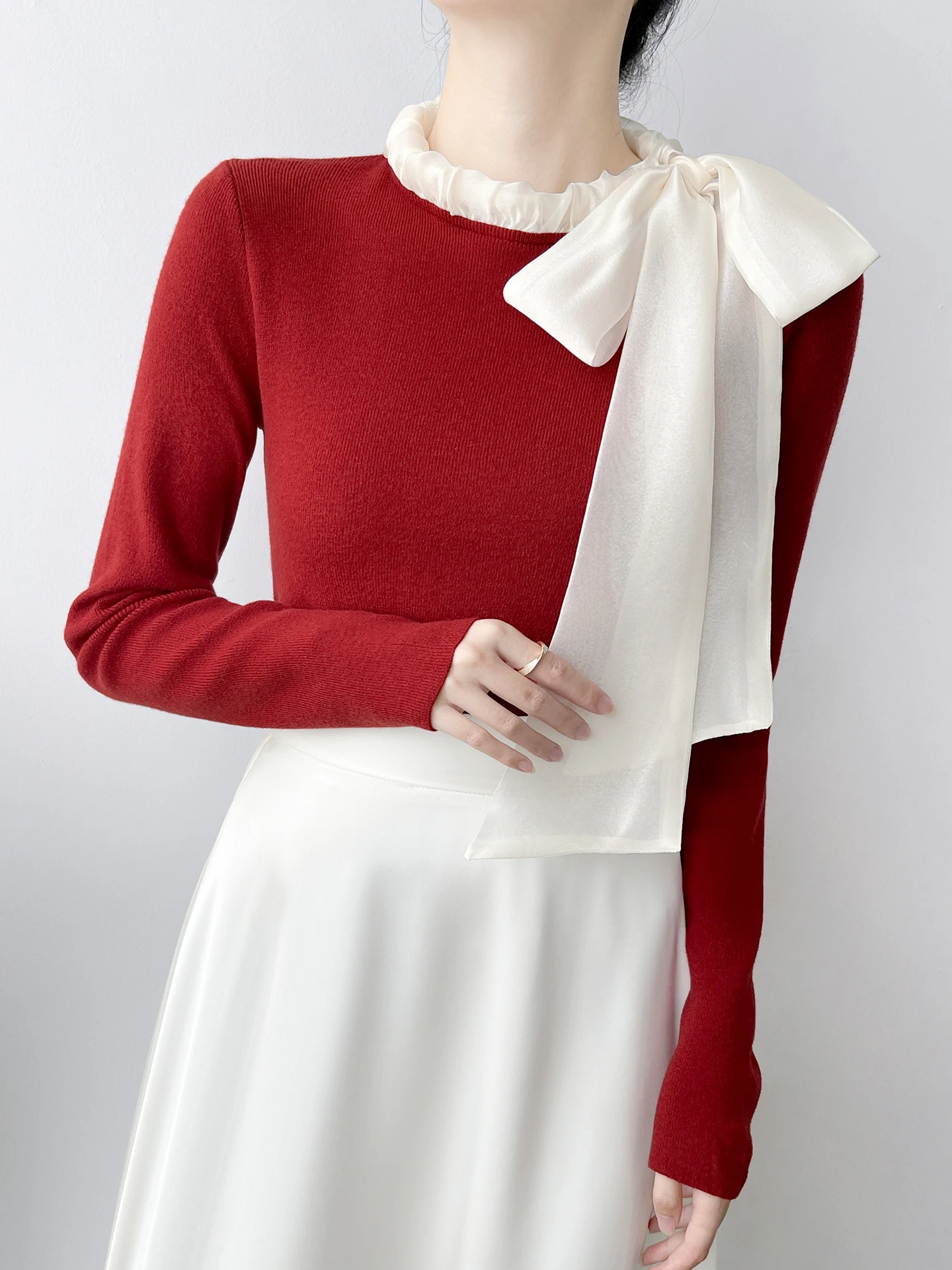 

Red Long Sve Knitted Sweater for Women with Knot Sa Slim Fit Base Layer irt Top Gentle Sle Winter Faion