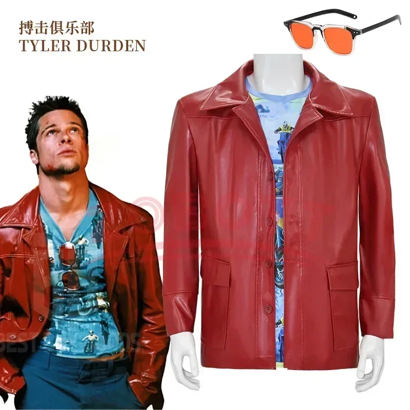 Hot Fight Club Tyler Durden Cosplay Costumes In Stock Brad Biker Leather Jacket Red Coat Shirt Glasses Halloween Party Suit