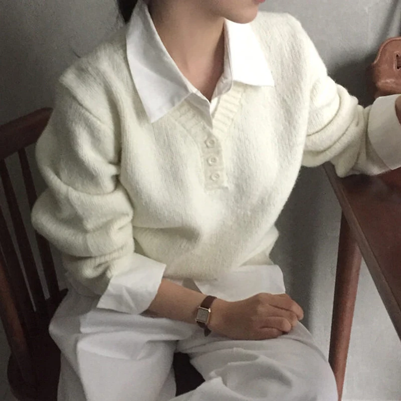 Sweter patchworkowy streetwear damski, modny, z długim rękawem, dzianinowy pulower, koreański kołnierzyk, dzianiny, zimowe swetry codzienne