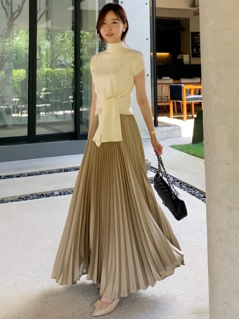 

Chic Autumn Winter High Waist A-Line Satin Long Skirt Women's Premium Quali Midi Skirt Slimming Pleated f Body Skirt