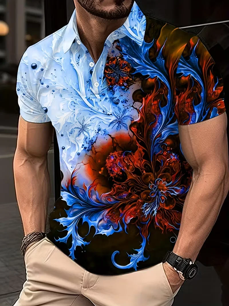 New men's fashionable sports short sleeved casual lapel polo shirt 3D color block printed polo shirt top