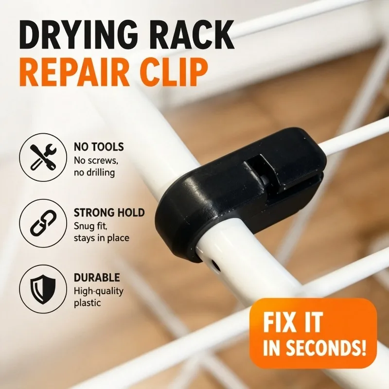 Drying rack repair clip, tool free for repairing drying rack bracket, used to replace broken poles, durable plastic fixing clip