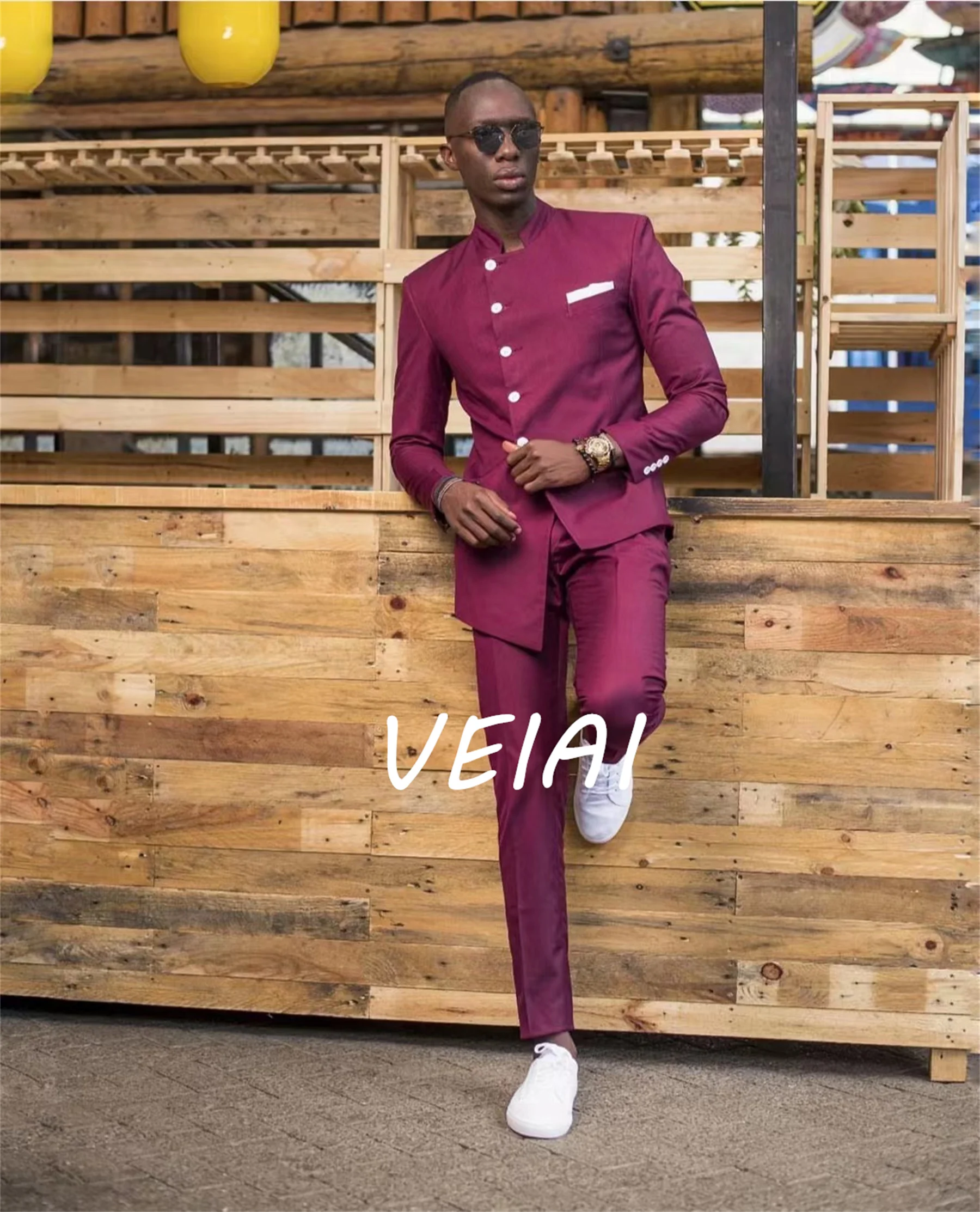 تخصيص جديد الرجال البدلة معطف السراويل الأزياء الصينية الرجعية نمط الزفاف العريس الوقوف طوق الكلاسيكية الذكور اللباس بورجوندي سترة Trou #1