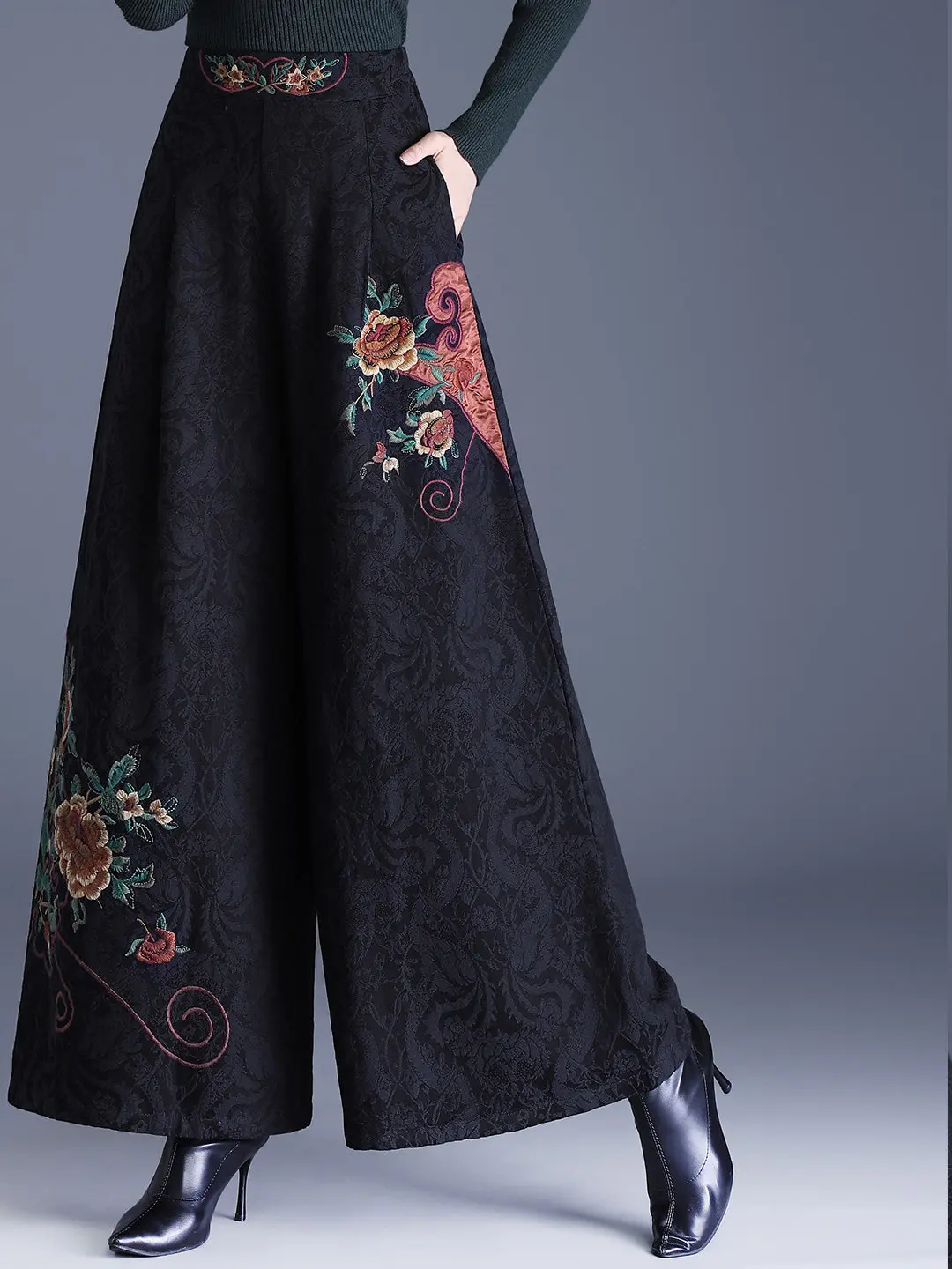 

New 2026 Autumn Winter High Waist Wide Leg Pants Chinese Style Embroidered Floral Loose Fit Casual Trousers for Women