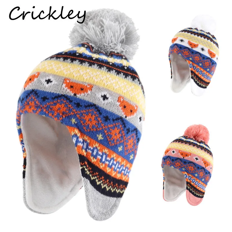 

Winter Fox Pompom Children Hats Fair Isle Jacquard Weave Boys Girls Ushanka Caps Knitted Warm Fleece Soft Kids Hats