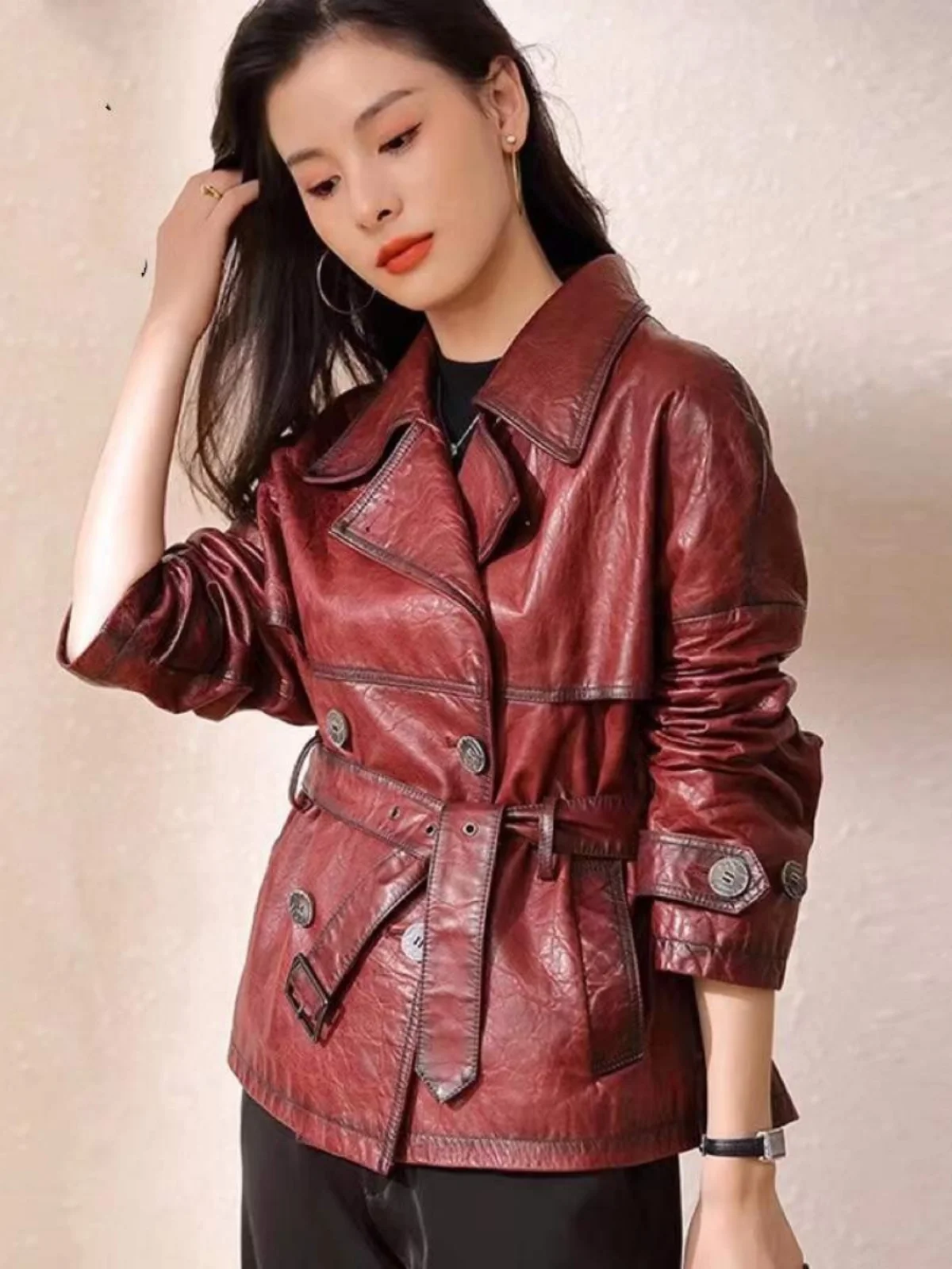 Chaqueta de piel de oveja Natural para mujer, abrigo de cuello de traje con doble botonadura, cuero genuino, rojo vino, primavera y otoño