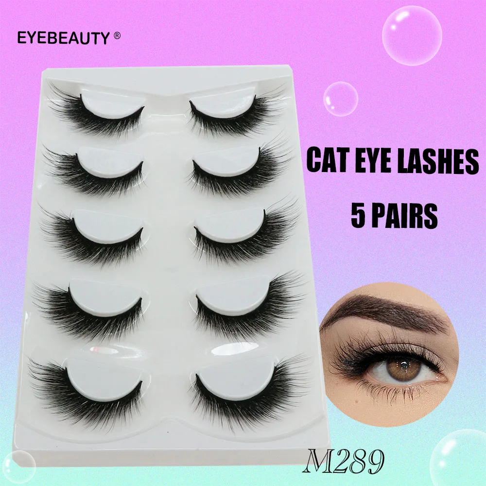 5คู่ขนตาปลอม Cat Eye ธรรมชาติเรียวครึ่งขนตา Fox Eye ปีก Cat Eye Mink ที่ต่อขนตาแต่งหน้า Faux Cils