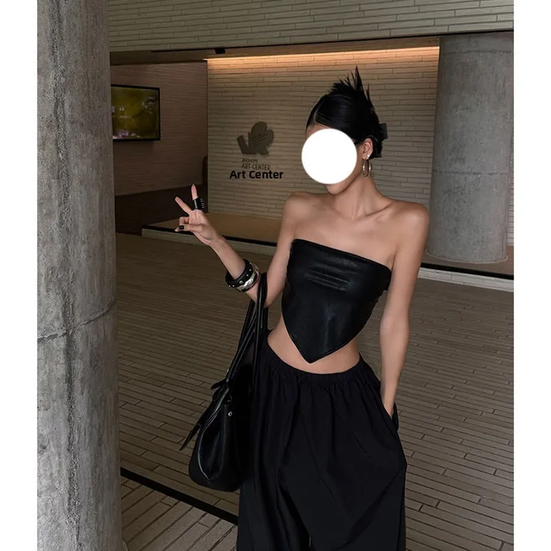 

Cool Black PU Leather Strapless Crop Top And High Waist Long Pants Women's Summer Fashion Set Casual Style Shoulderless Vest