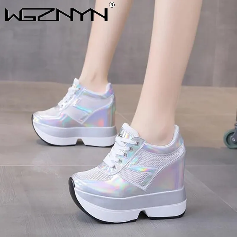 2024 Summer Autumn Sneakers Korean Style Women's Shoes High Heel 10.5cm Insole Thick Bottom Sponge Tie Casual Sports Shoes Mesh