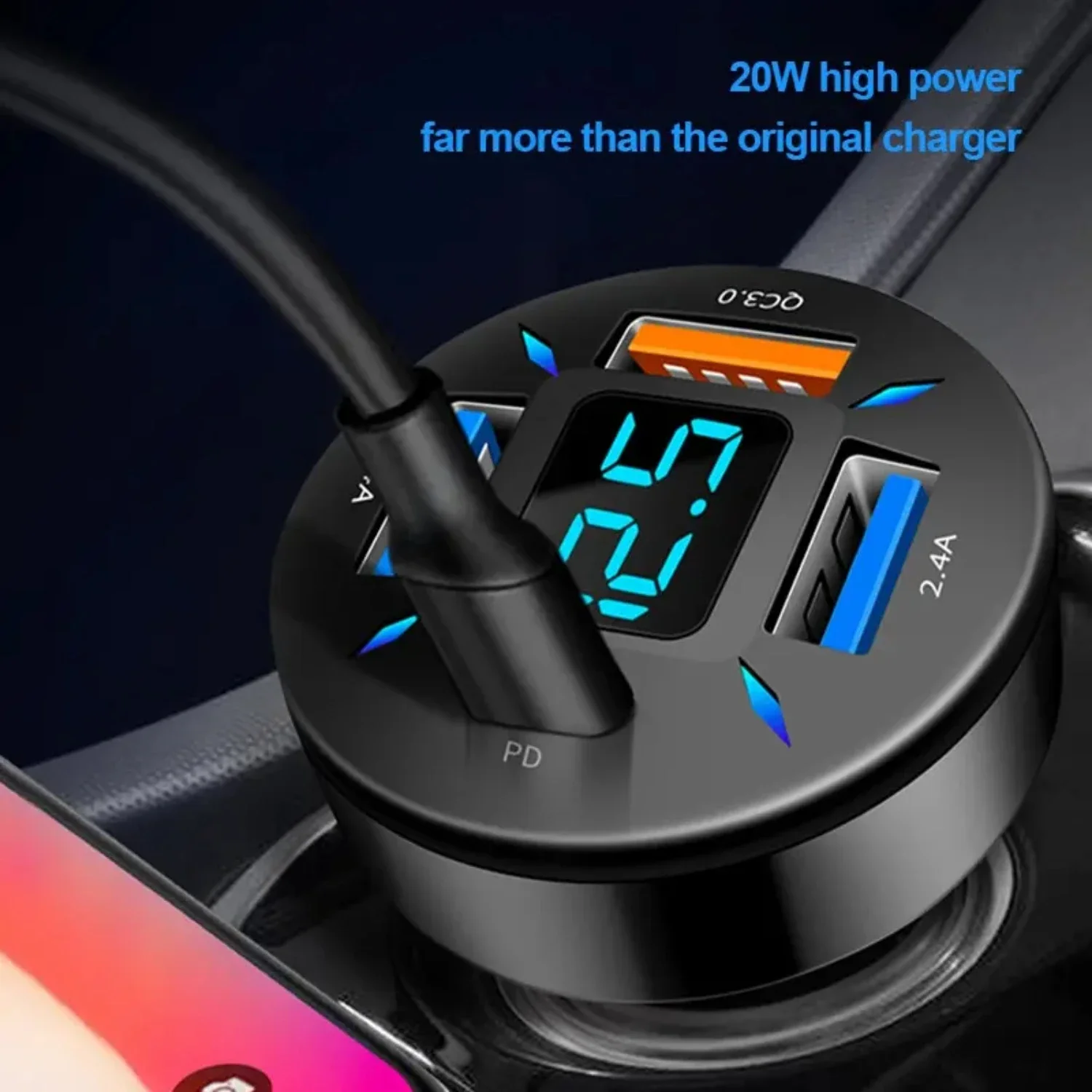 

Efficient Fast Charging High-Speed Car Charger Adapter with 4 Port USB A and USB C - Quick Charge Cigarette Lighter Mobile Phone