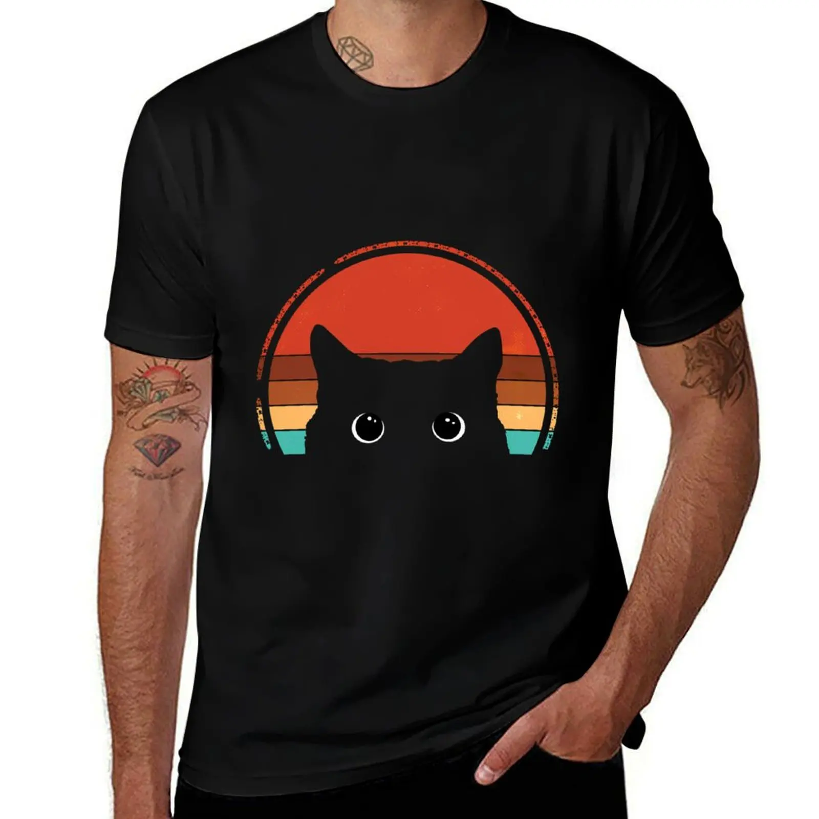 

Black Cat Peeking Sunset Vintage T-Shirt man graphic t shirt man t shirt summer