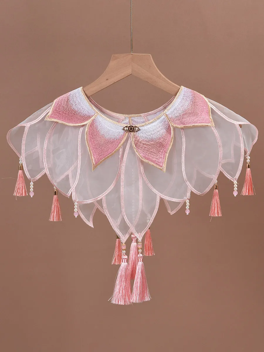 Chinese Traditional Lotus Leaf Embroidered Sheer Tassel Cloud Shoulder Fake Collar For Teens Adults Hanfu Cosplay Party Shawl