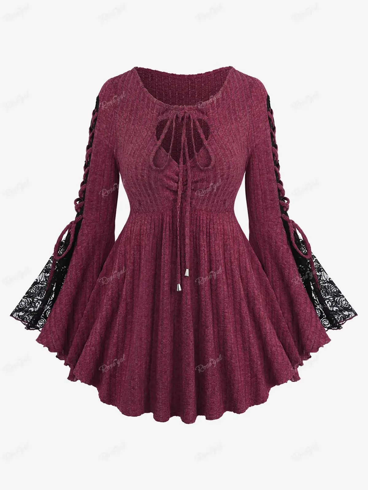 ROSEGAL Plus Size Tied Cinched T-shirt Floral Lace Flare Sleeve Textured Tops For Women Autumn Streetwear Tees Blouses Deep Red