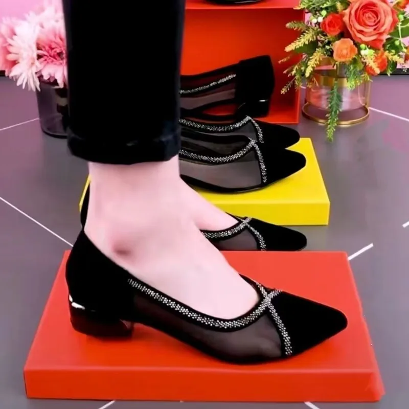 2025 شبكة سوداء جديدة مدببة موضة أحذية نسائية بكعب منخفض أحذية Lefu أحذية نسائية كاجوال #5