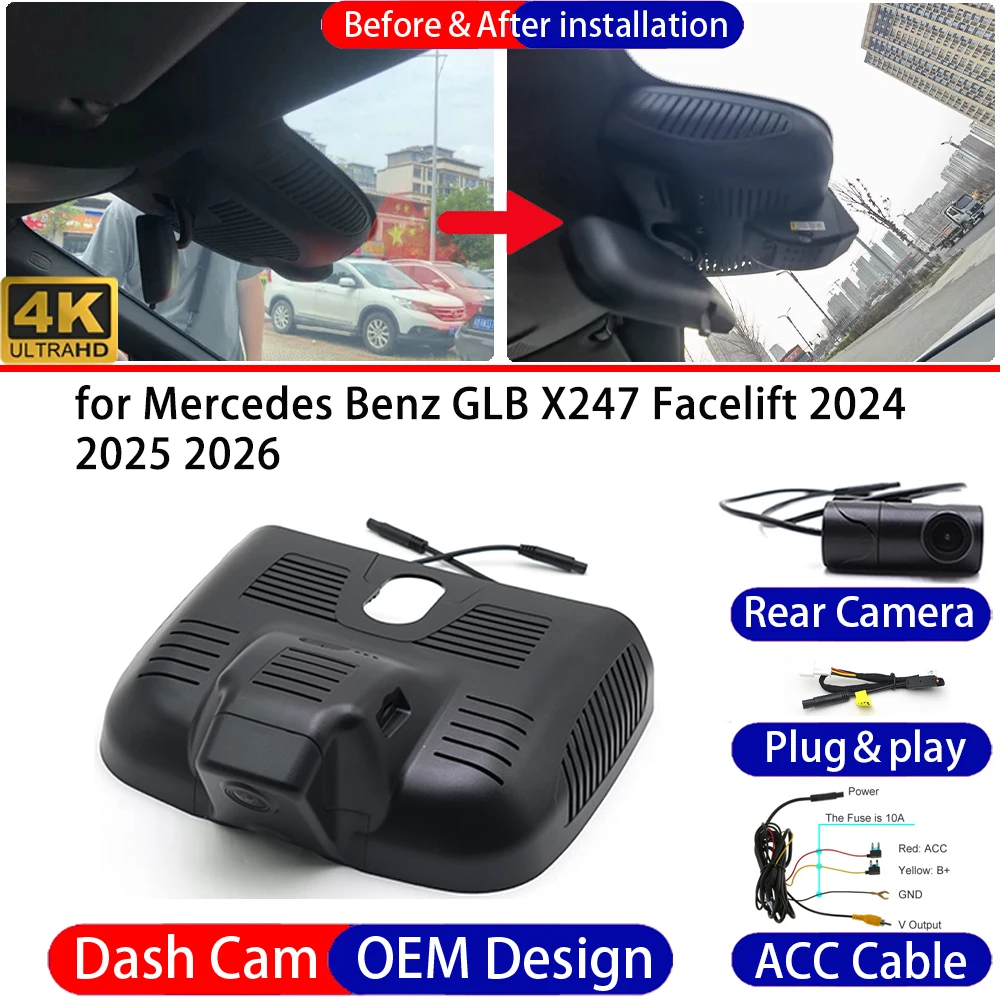 Dash Cam for Mercedes Benz GLB X247 Facelift 2024-2026 Front＆Rear 4K 24h DVR Dashboard Camera Video Drive Recorder Parking Mode