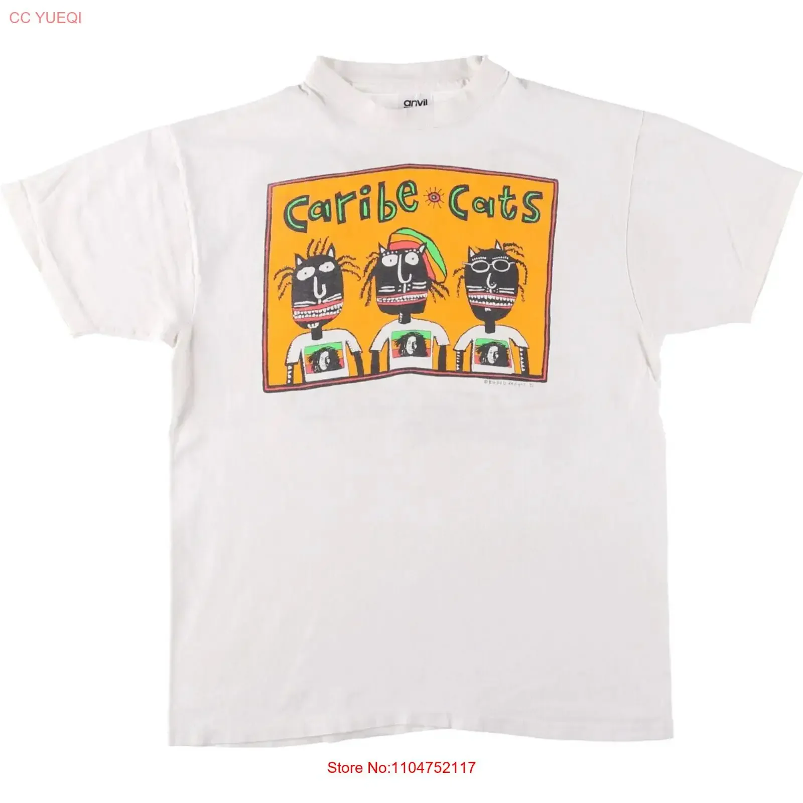 Camiseta Anvil Caribe Cats de los 90, hecha en EE. UU., talla L para hombre, estilo vintage, unisex, suave, ligeramente transpirable