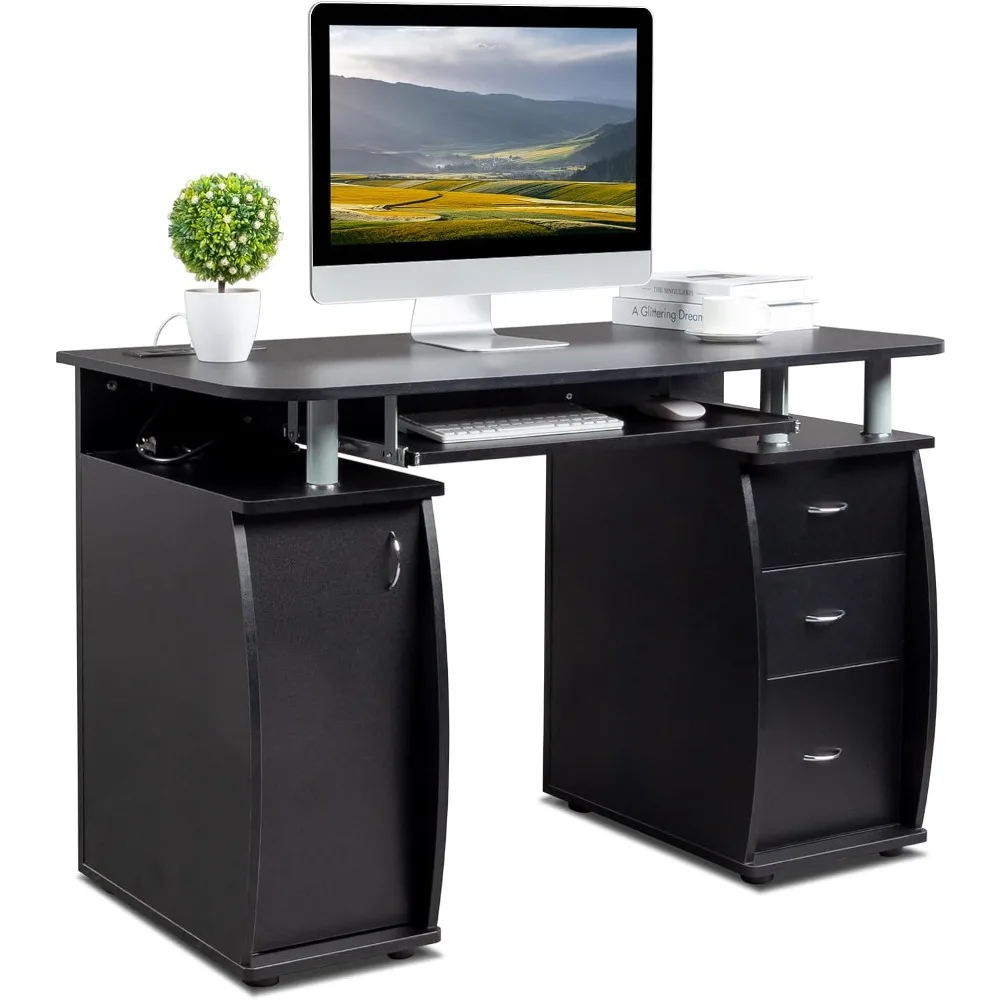 Karl home MDF Computer Desk with Strip Socket, Home Office Desk Writing Desk, Office Table with 3 Drawers and Storage Cabinet