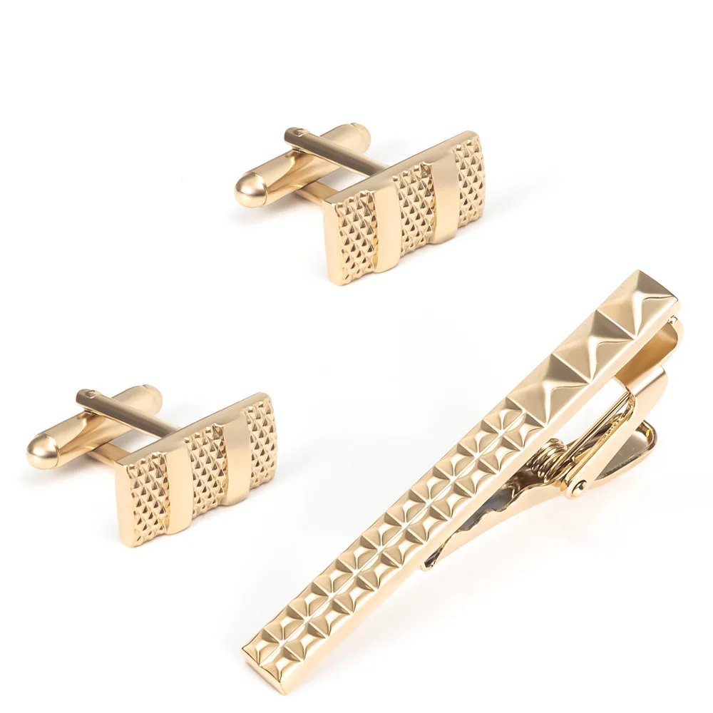 Golden Diamond Patterned Cufflinks and Tie Clip Set Gold Plaid Cufflink Tie Business Formal French Shirt Accessories Decoration