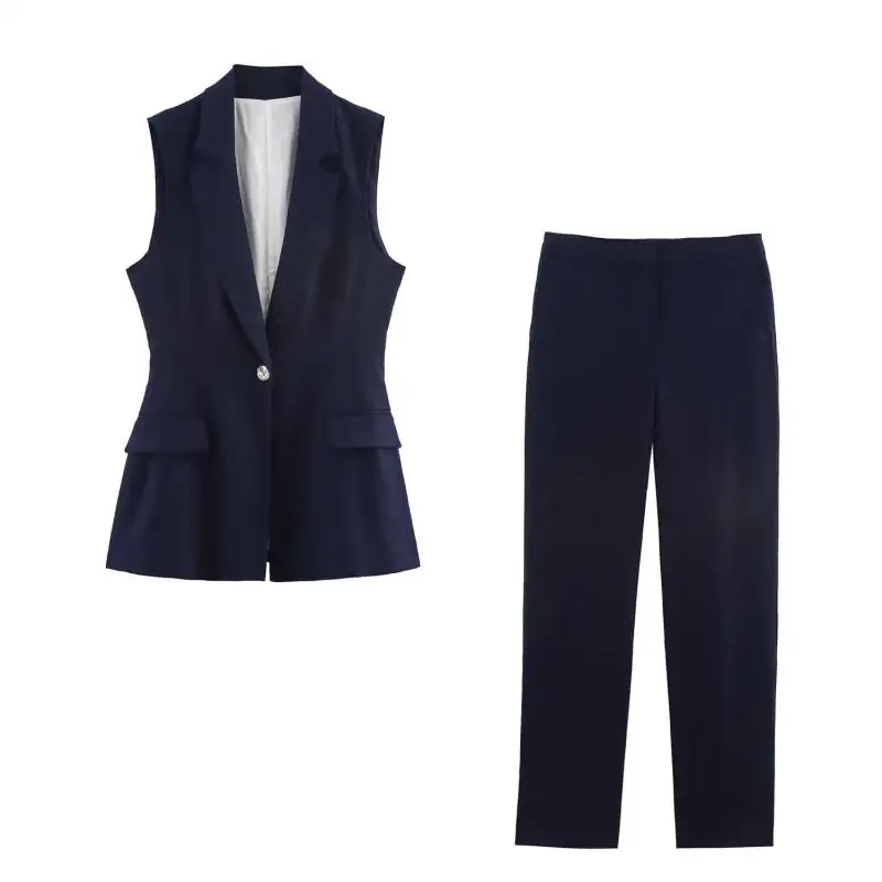 Maxdutti Southern France Minimalist Fashion Navy Blue Suit Vest Straight Leg Suits Pants Set Women's Matching Sets Woman Clothes