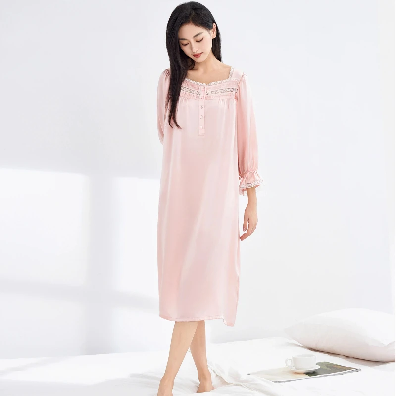 

Женская французская шелковая ночная рубашка с квадратным вырезом, платье принцессы из 100% тутового шелка с длинными пышными рукавами, дворцовая одежда для сна и домашняя одежда