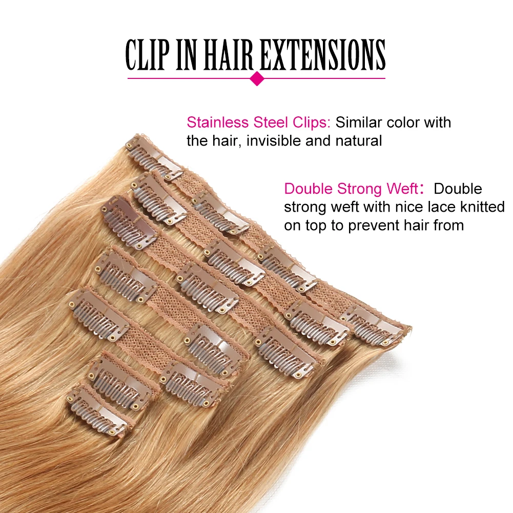 Clip In Hair Extensions Human Hair Brazilian Straight Caramel Blonde Color 27# Skin Weft Seamless Invisible 100% Remy Hair