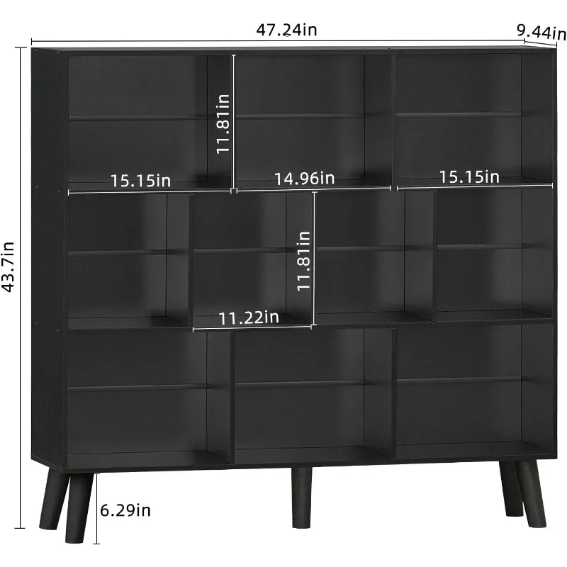 10 Cube Bookshelf,3 Tier Bookcase with Legs,Black Mid-Century Modern Bookshelves,Large Free Standing Open Storage Organizer