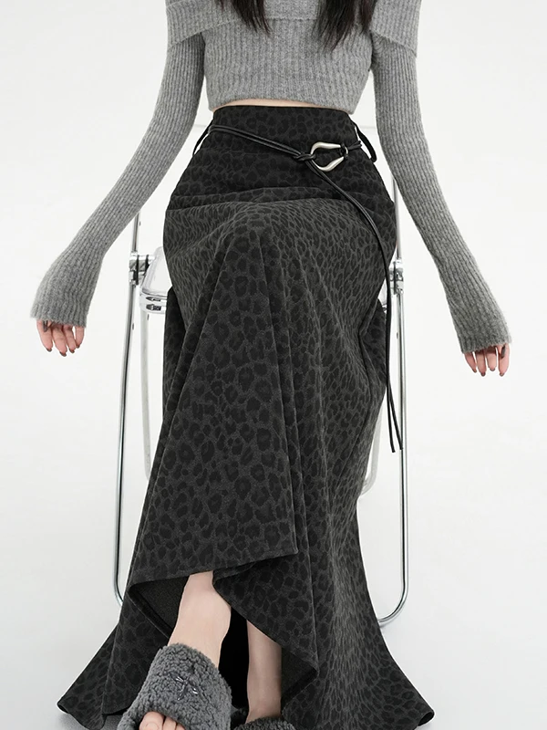 

Retro Leopard Print High Waist Casual Women's Skirt A-Line Maxi Umbrella Skirt Autumn Winter New Style Slimming Versatile