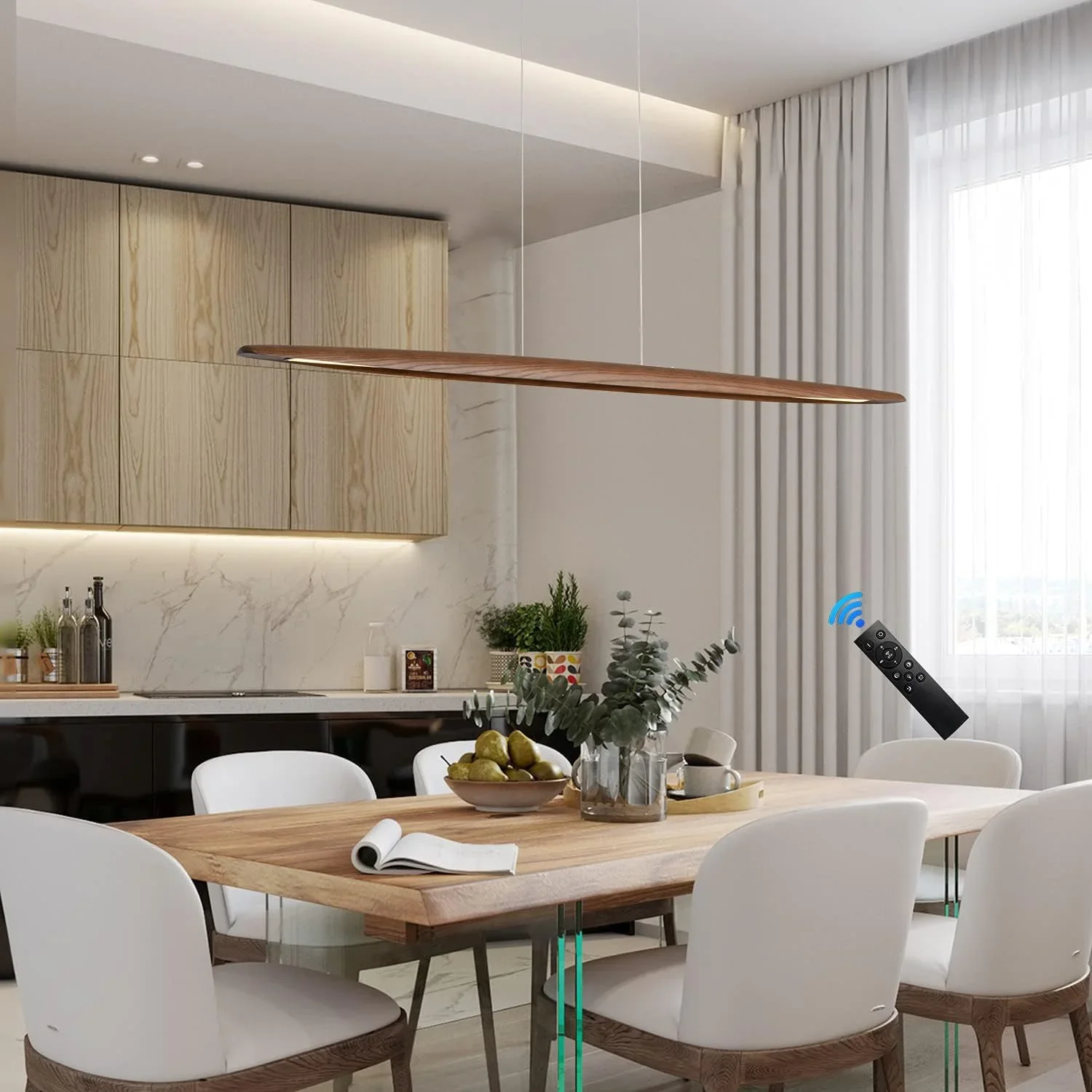 Wooden Led Pendant Lamp Long With Remote Dimmable Wood Linear Led Pendant Light Fixtures For Dining