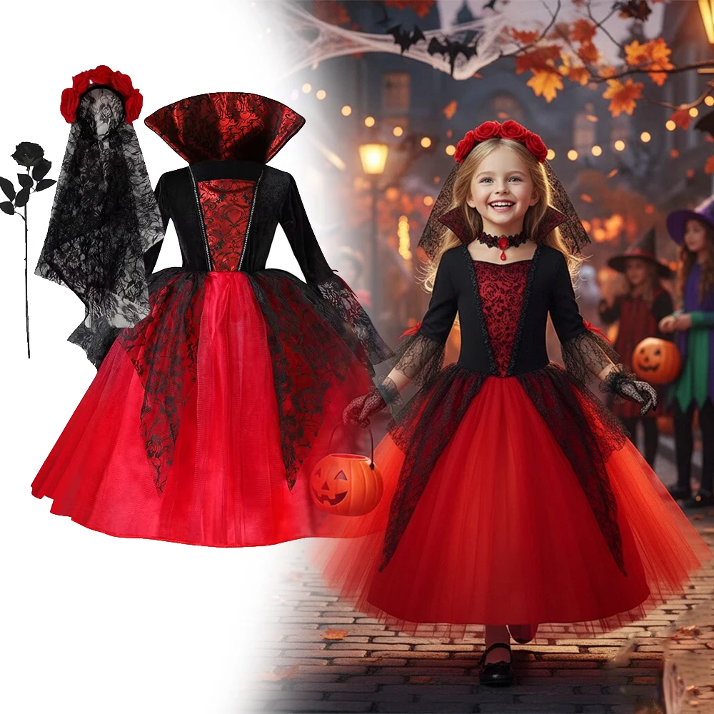 Kids Halloween Devil Cosplay Dress Red Black Lace Tulle Gown with Horn Headband Trident Girls Carnival Trick Or Treat Costume