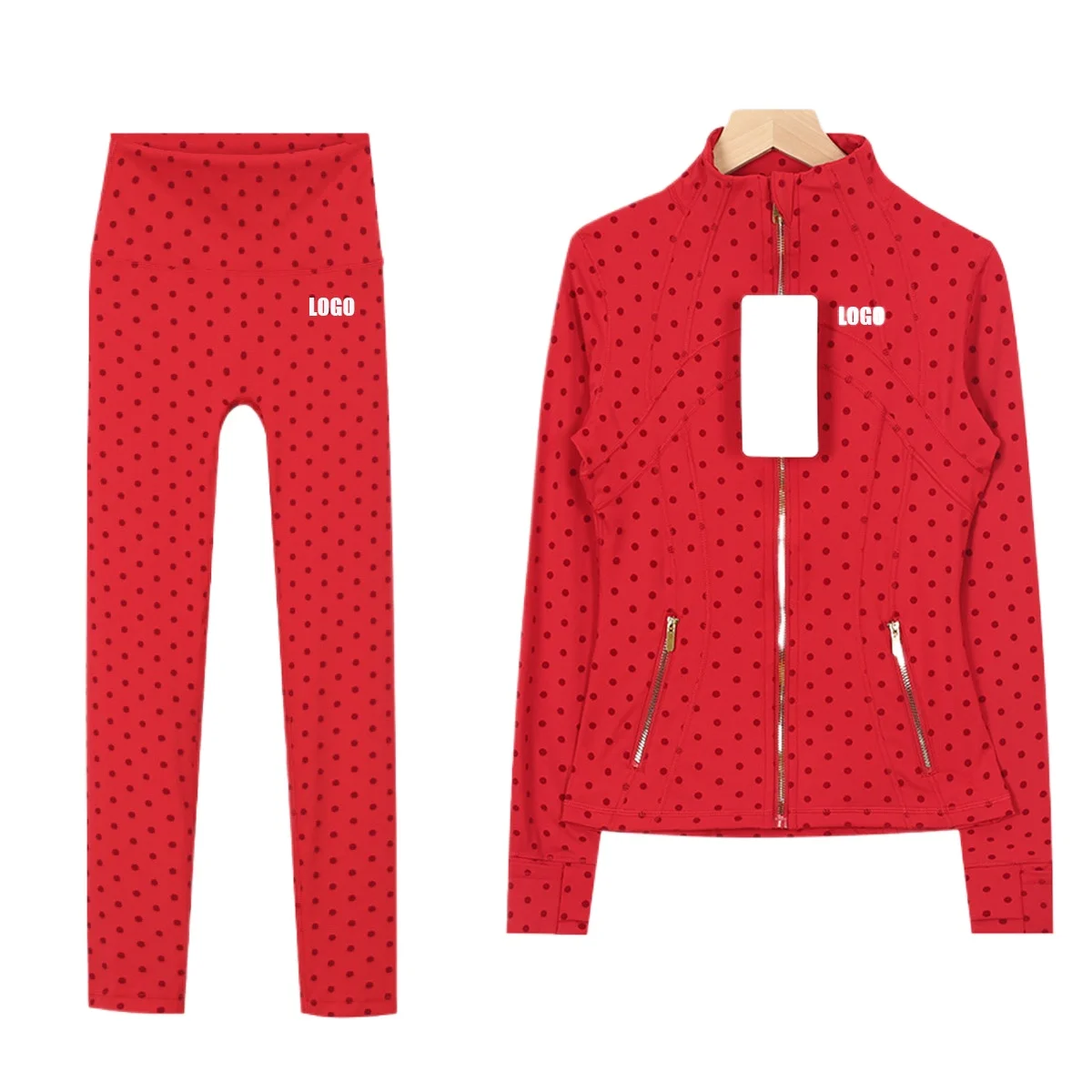 Personalized LOGO Customized S-3XL Women's Polka Dot Jacket Trousers Slim Running Outdoor Fitness Sports Yoga Two-piece Set
