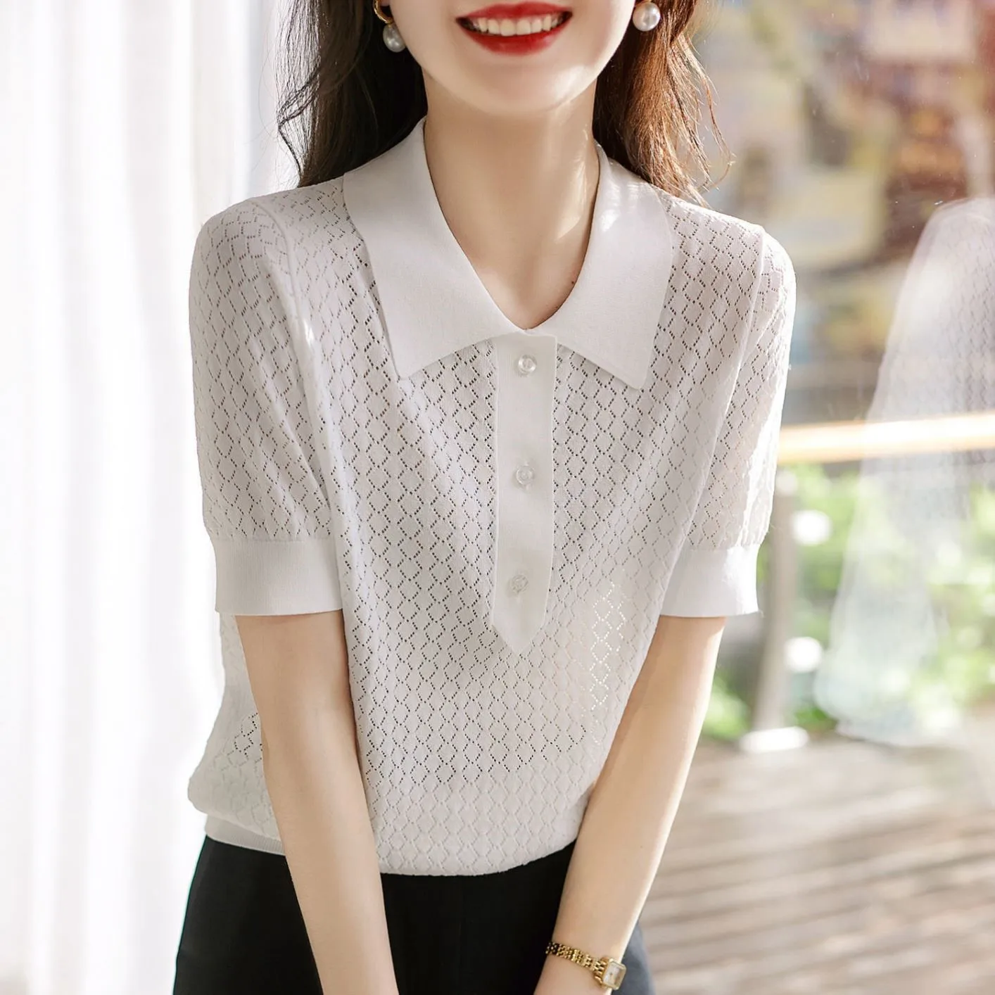 New Style Simple Casual Polo Style Refreshing Diamond Hollow POLO Short-sleeved Knitted T-shirt