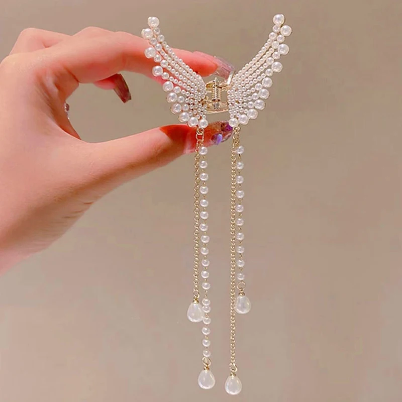 Tassel Butterfly Pearl Hair Clip Women Hair Claw Elegant Hairpin Hair Crab Hair Accessory