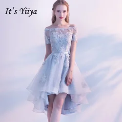 It's YiiYa Customized Prom Gown Gray Short Sleeve Off The Shoulder Appliques High Low Tea Length Party Formal Dress Plus size