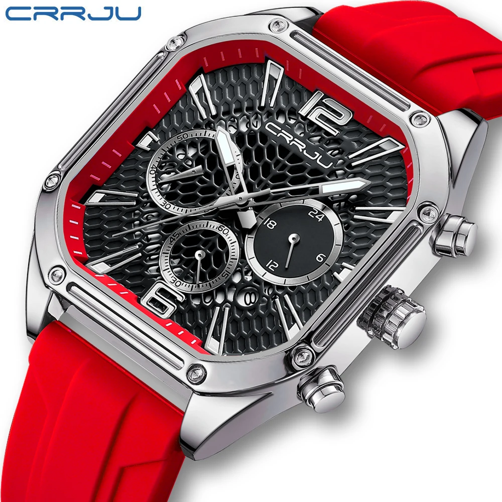 CRRJU Watch for Men Tonneau Waterproof Quartz Luxury Chronograph Analog Men\'s Wrist Watches